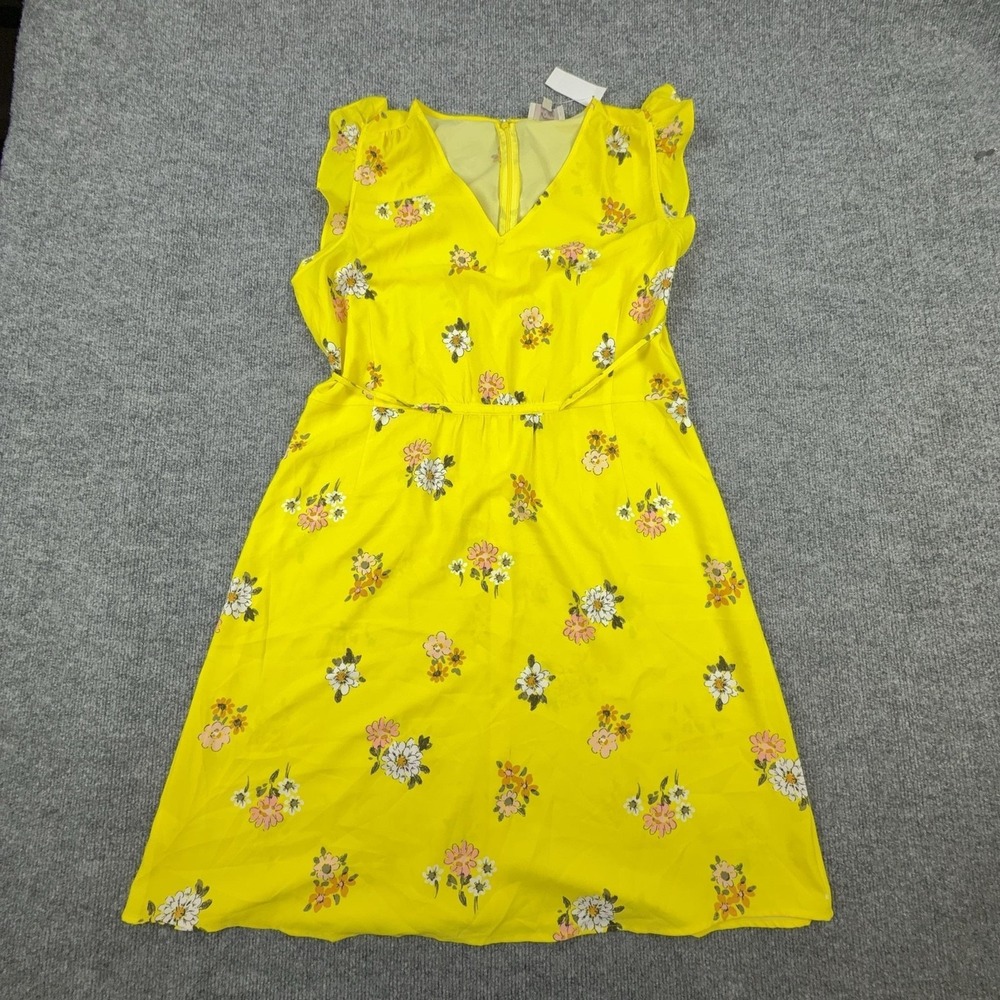 LOFT Dress Womens Large Yellow Floral V Neck Flutter Sleeve Belted Sundress